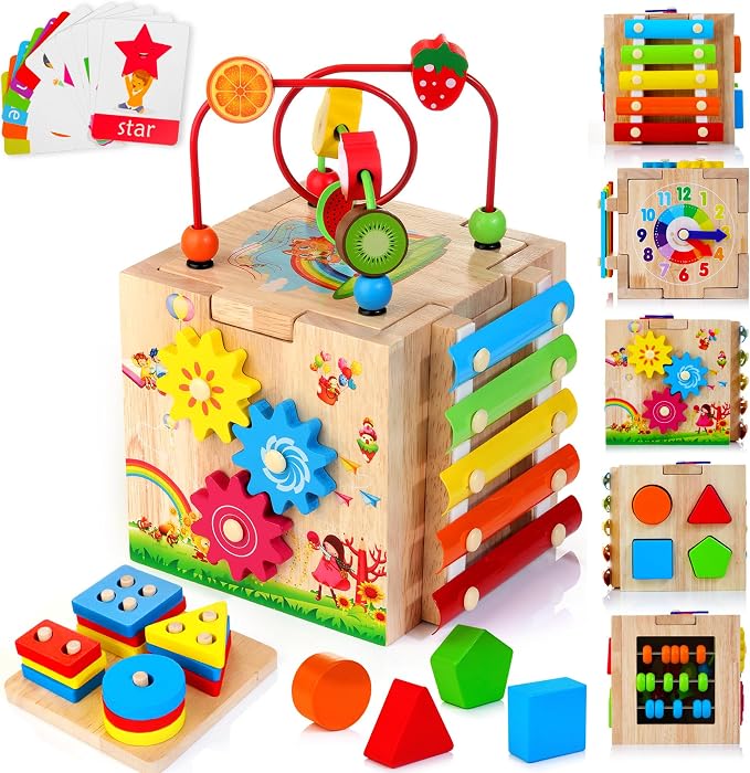 HELLOWOOD Wooden Activity Cube, 8-in-1 Montessori Baby Toys for 1+ Year Old by HELLOWOOD