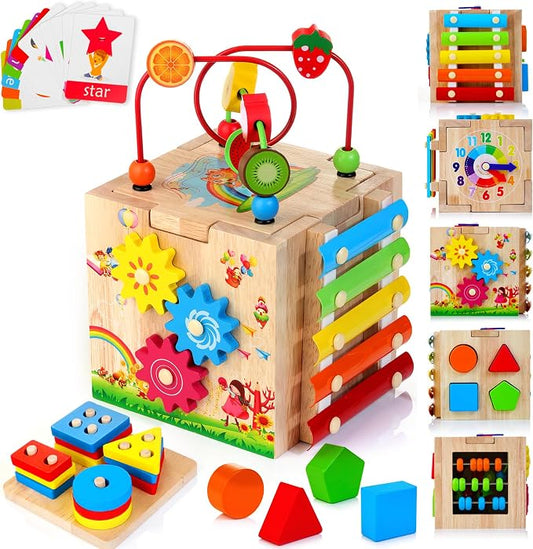 HELLOWOOD Wooden Activity Cube, 8-in-1 Montessori Baby Toys for 1+ Year Old by HELLOWOOD