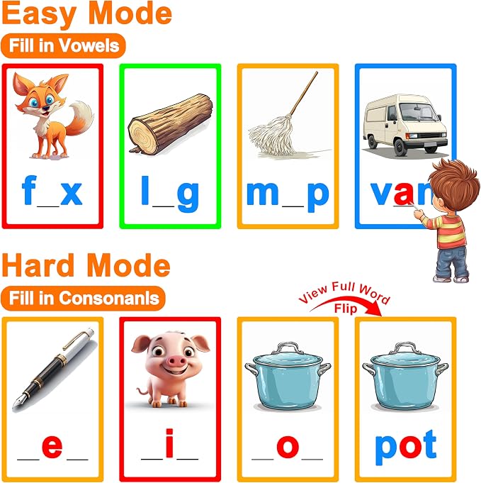 CVC Word Spelling Game for Kids, 48 Flash Cards and 4 Pop Boards - Image 4
