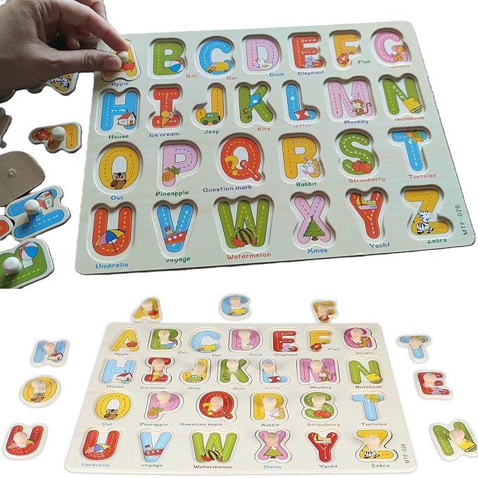 Alphabet Puzzle Wooden for Toddlers 3+ Years Old - Montessori ABC Learning Toy with Letter Blocks & Wooden Board - Preschool Educational Toy for Boys & Girls - Early Literacy & Fine Motor Skills - Image 2