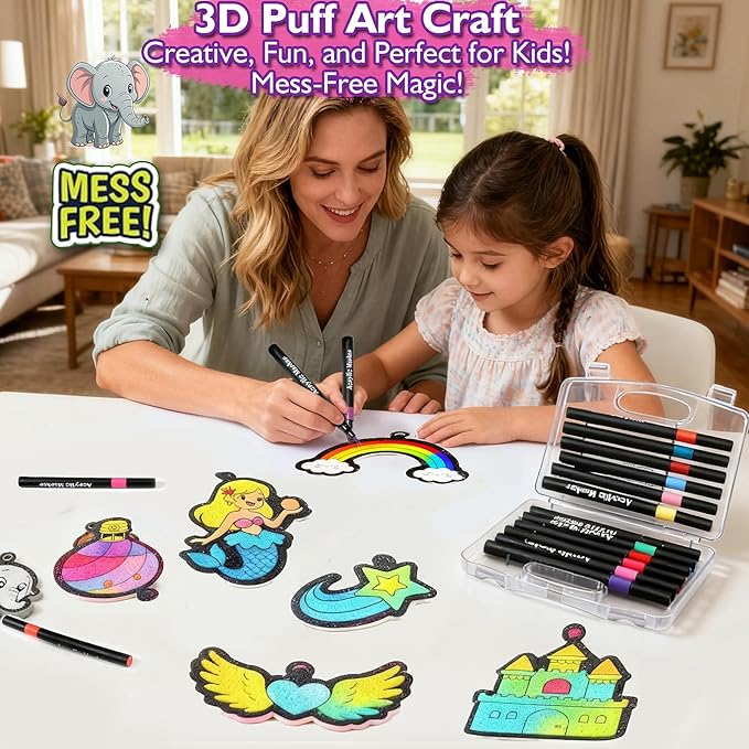 Aqua Puffs 3D Art Kit, Princess & Unicorn Crafts for Kids, DIY Foam Texture Painting & Inflate Activity – Easy, Mess-Free Creative Fun, Ideal Christmas Birthday Gifts for Girls Boys Age 4 5 6 7 8 9 10