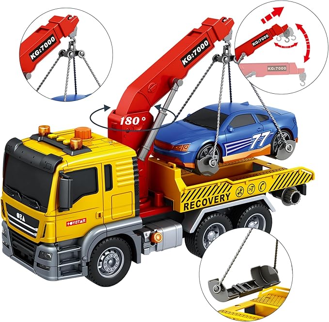 Friction Powered 15 Inch Large Tow Truck Toy with Lights & Sounds, Movable Crane Arm, Tilt Ramp & Roadster - Vehicle Play Set Gift for Boys Girls Kids Ages 3-7