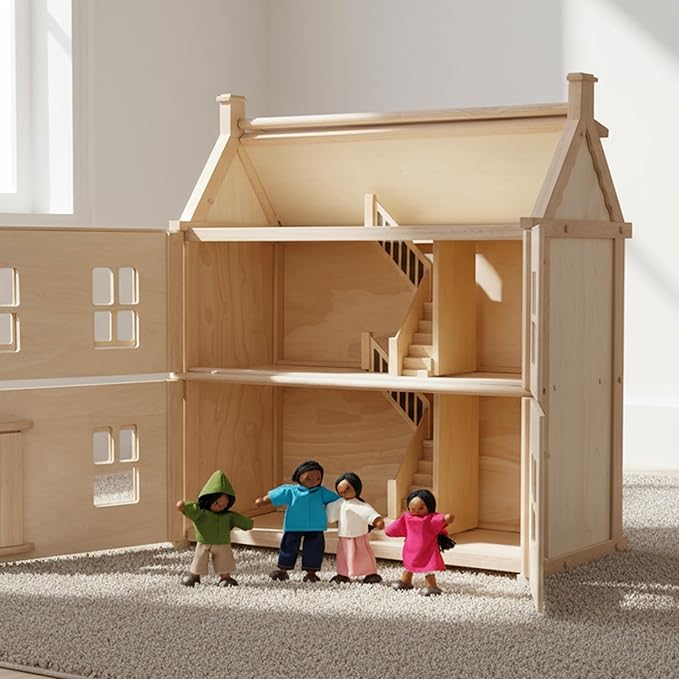 PlanToys® Wooden Dollhouse Family Set – Medium Skin Tone | Father, Mother, Son & Daughter Poseable Figurines | 1:12 Scale Wooden Dollhouse Accessories for Pretend Play