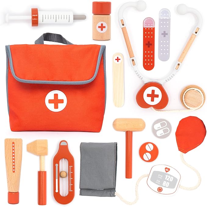 UMU® Wooden Mini Doctor Kit for Kids – 14 pcs Medical Playset for Toddlers with Stethoscope, Syringe, Doctor Bag, Blood Pressure Cuff & More – Pretend Play Set for Boys and Girls Ages 3 4 5 6
