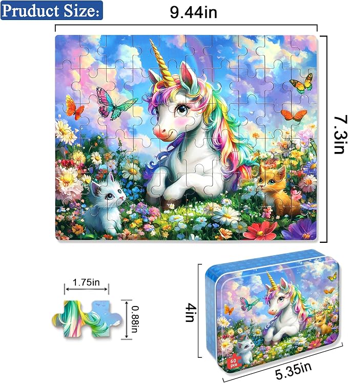 LELEMON Unicorn Puzzles for Kids Ages 4-8,60 Pieces Raibow Unicorns Cats Butterfly Jigsaw Puzzles in a Metal Box,Cute Raibow Unicornss Learning Educational Puzzles for Boys Girls - Image 2