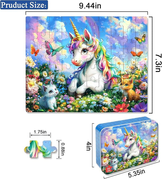 LELEMON Unicorn Puzzles for Kids Ages 4-8,60 Pieces Raibow Unicorns Cats Butterfly Jigsaw Puzzles in a Metal Box,Cute Raibow Unicornss Learning Educational Puzzles for Boys Girls - Image 2