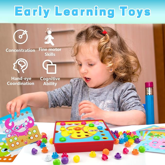 Button Art Pegboard for Toddlers - 12 Pics & 46 Buttons, Gift 3+ - Image 6