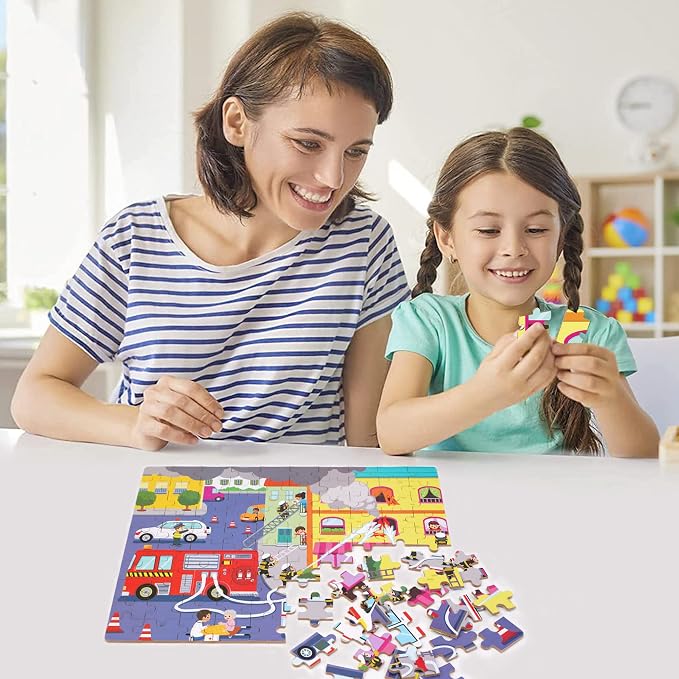 LELEMON 100 Pieces Jigsaw Puzzles in a Metal Box for Kids Age for 4-8 Boys Girls Toy Puzzles Fire Truck Ambulance Police Car Fireman Children Learning Educational Puzzles Toys - Image 6