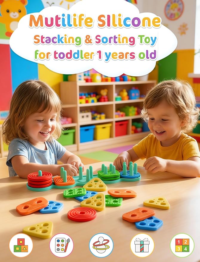 Silicone Shape Sorting & Stacking Toys - Montessori Toys for Toddlers 1-3 - Image 2