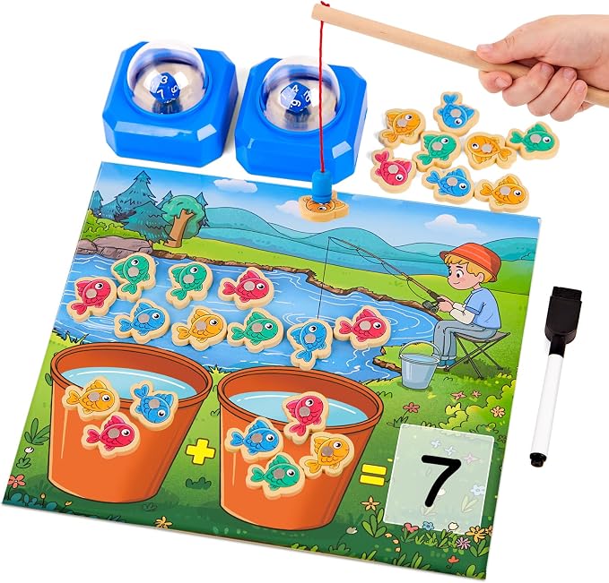 Magnetic Fishing Math Game for Kids 3-5, Montessori Counting Toy with Dice Poppers, Preschool Math Manipulatives Board Game, Addition and Subtraction Dice Game for Homeschool Classroom by Unknown