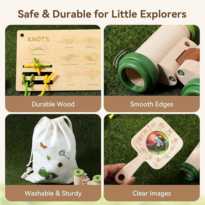 Kids Outdoor Explorer Kit Ages 4–8, Wooden Binoculars, Compass and Knot-Tying Board, Nature STEM Learning & Camping Toy Birthday Gift for Boys and Girls - Image 5