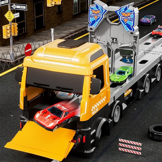 78-Inch Cars Trucks Toys for Toddler 1-3 2-4 3-5 4-7 Years Old Boys Kids, Transport Truck Toy with 24 Pcs Die-Cast Cars, Toys Gifts for 3 4 5 6 Year Old Boy, Toddler Boy Toy Ages 3-5 4-7