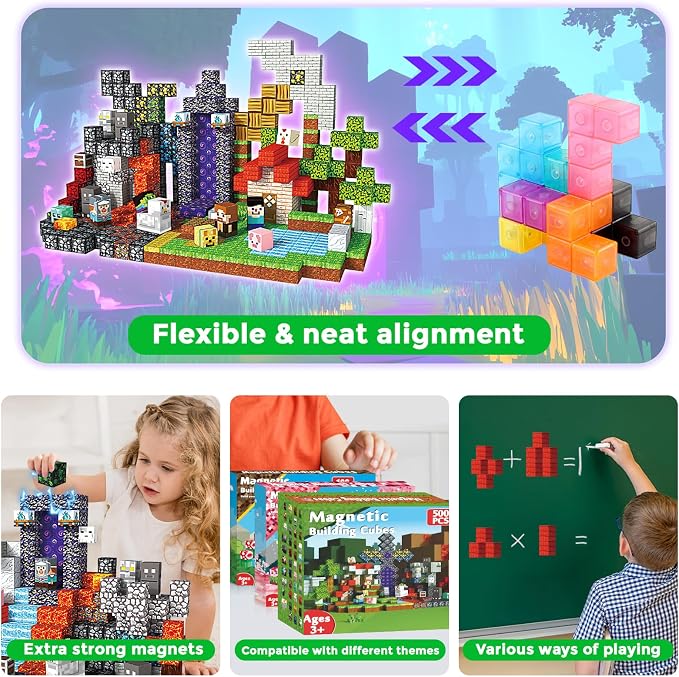 Magnetic Blocks - 500 PCS Magnetic Building Blocks Cubes, Magnet Toys for Kids Age 3+, Toy Building Set for Kids, Magnets Stacking Construction Easter Birthday Gifts for Boys Girls Age 4-8, 8-12 - Image 8