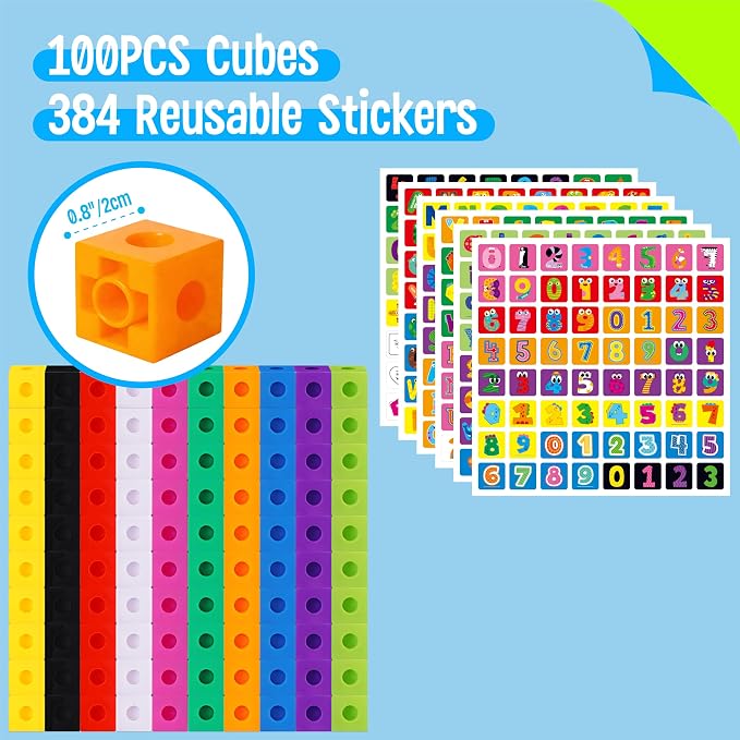 100 Math Linking Cubes, Math Cubes with 384 Reusable Stickers-Letters, Numbers, Shapes, Manipulative Geometric Connecting and Counting Blocks, Educational Toy for Kids Math Learning and Fun Activities - Image 2