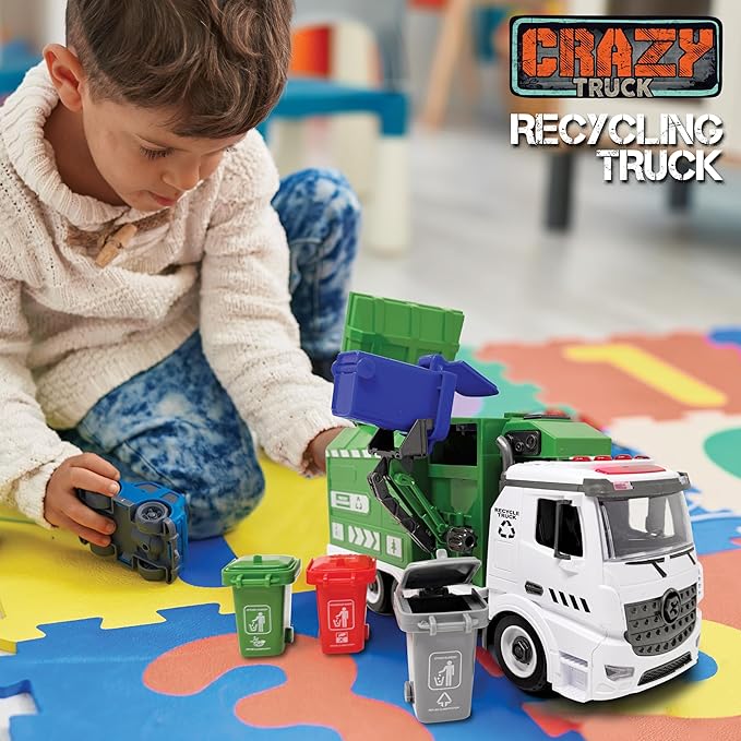 Crazy Truck 1:16 Scale Recycling Garbage Truck Toy with Lights & Sounds, 4 Recycle Cans, 40 Flash Cards, Tools – DIY Take-Apart for Kids – Realistic Mechanical Arm for Lift & Dump Trash Play