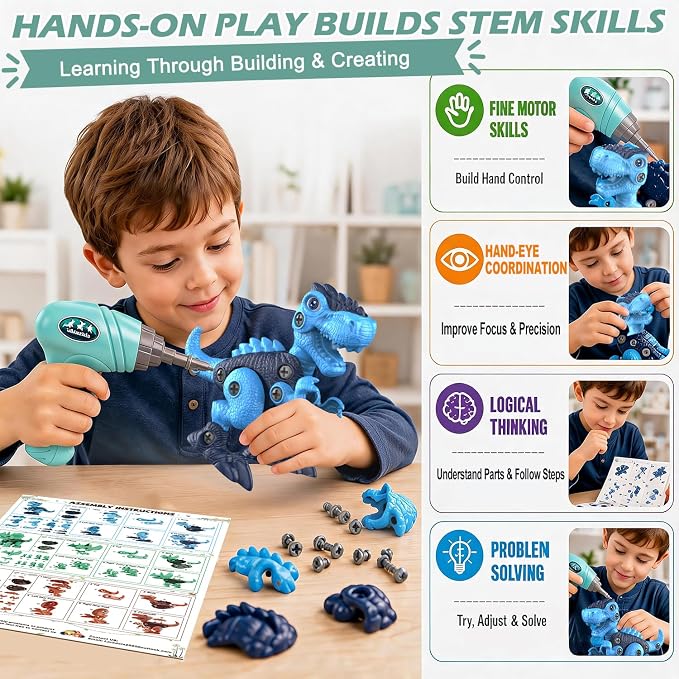 Take-Apart Dinosaur Toys for Boy 4-6: 85 Piece 3 Pack Dino & Electric Drill - Image 4