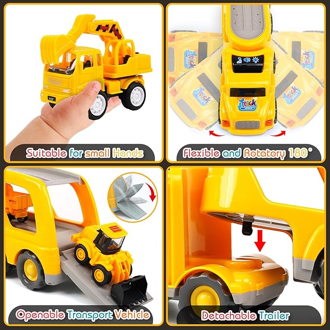 Veslier 9 in 1 Construction Truck Toys for Ages 3 4 5 6 Years Old,Vehicles with Sounds and Lights in Carrier Truck, Push and Go Toys Trucks,Birthday Gift for Toddler 3 4 5 6 Year Old.