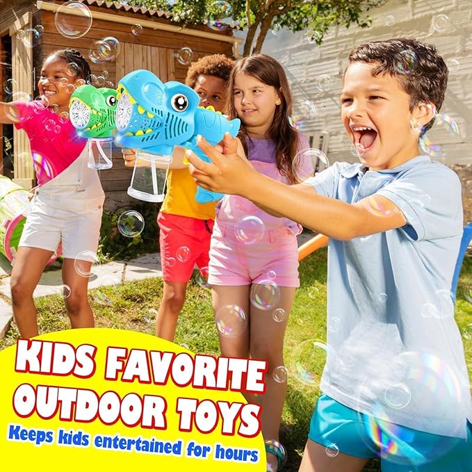 Kids Bubble Gun 2 Pack Dino Bubble Machine Gun for Toddlers with 4 Solutions Automatic 13-Hole Bubbles for Kids Blower Maker Easter Basket Essentials Stuffers Valentines Gift Party Toys for Boys Girls