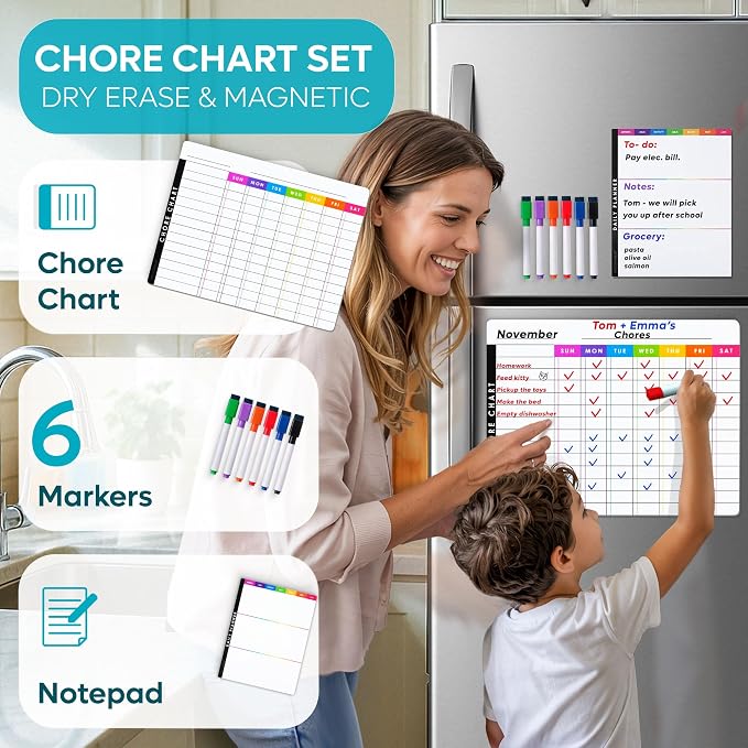 Magnetic Chore Chart Dry Erase Whiteboard Set - Pocket Charts for Multiple Kids, Teens & Adults (15"x 11.5"), Daily to-Do, Grocery, Notes (9"x 7") -Behavior Chart for Fridge & 6 Fine Tip Markers - Image 2