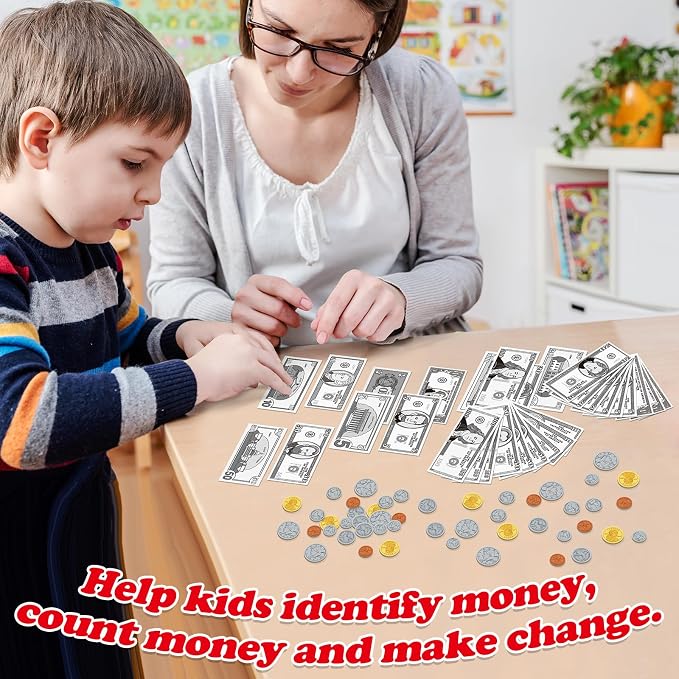Kasfalci 140 PCS Money for Kids for Learning, Back to School Supplies,Math Manipulatives, Learning & Education Toys for Classroom, Pretend Play, Teacher and Homeschool Supplies - Image 2