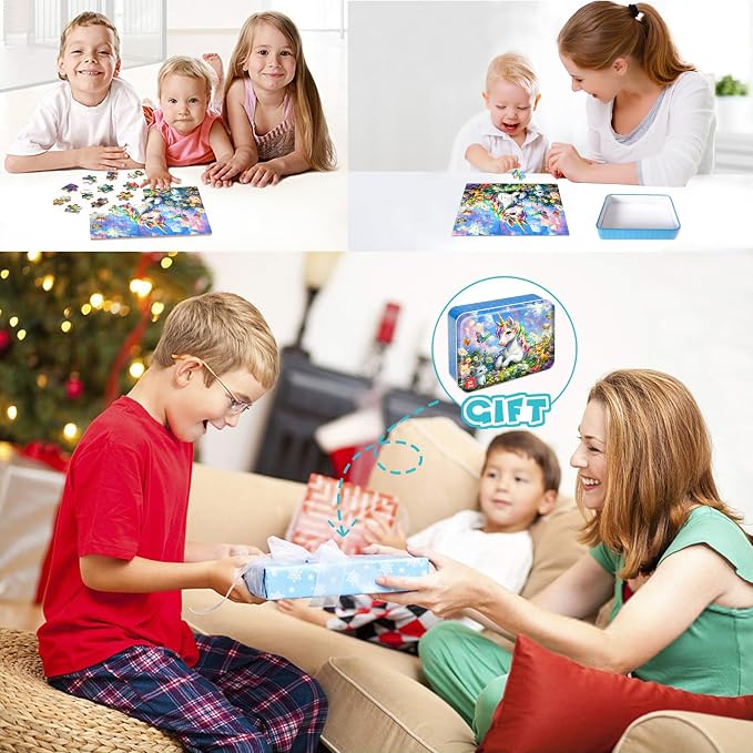 LELEMON Unicorn Puzzles for Kids Ages 4-8,60 Pieces Raibow Unicorns Cats Butterfly Jigsaw Puzzles in a Metal Box,Cute Raibow Unicornss Learning Educational Puzzles for Boys Girls - Image 7