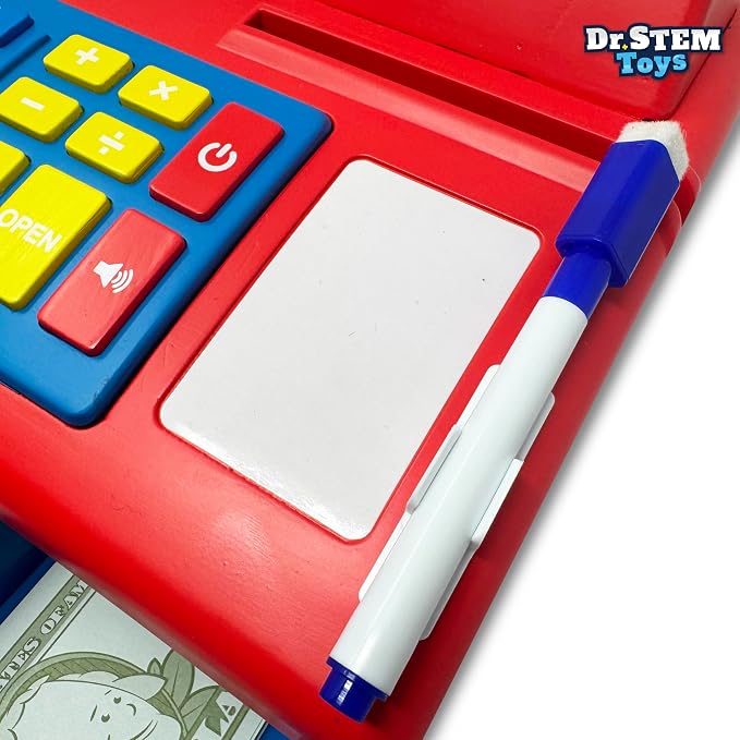 Dr. STEM Toys Solar Powered Calculator Pretend Cash Register with Play Money – 67-Piece Set for Learning Math Skills, STEM Cash Register for Kids, Red - Image 8