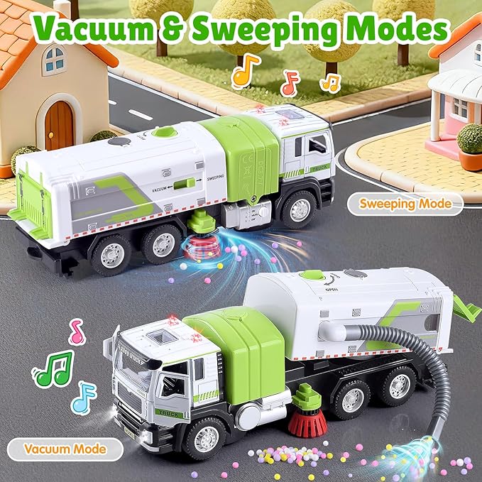 Garbage Truck Toy with Lights and Sounds, Play Vacuum Street Sweeper Trash Truck, Battery Powered Recycling Car Vehicle Toys for Boys Girls Kids Toddler Gift for Christmas Birthday
