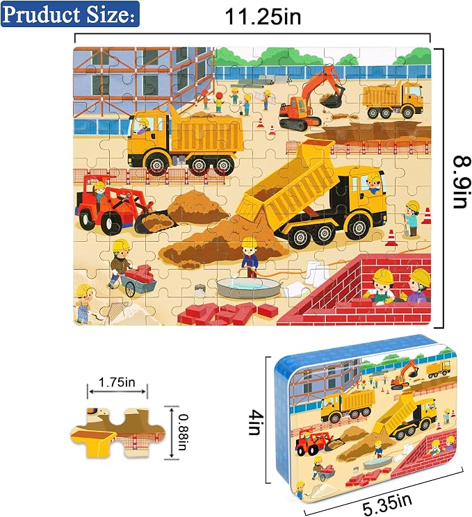 LELEMON 100 Pieces Jigsaw Puzzles in a Metal Box for Kids Age for 4-8 Boys Girls Toy Puzzles Construction Site Vehicles Children Learning Educational Puzzles Toys - Image 3