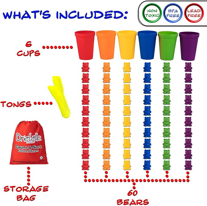 Driddle Colorful Counting Bears with Matching Cups - 60 Bears - Sort, Count & Color Recognition Learning Toy for Toddler & Kids - Montessori Education - Preschool Game - Image 3