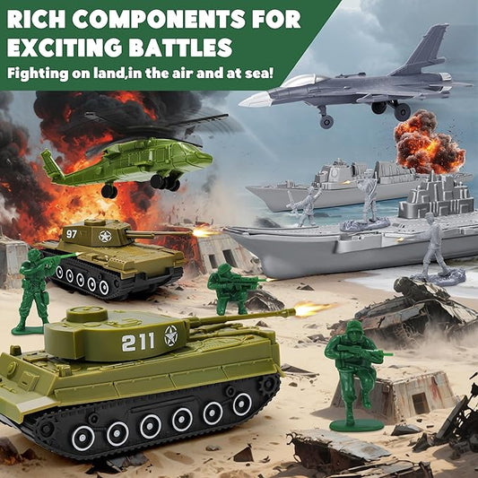 Army Men Playset – 117 Pcs Military Toy Soldiers Set with Action Figures, Battle Mat, Tanks, Helicopter, Submarine & Weapon Gear – Army Toys for Boys Ages 4-12, Great Gift for Kids