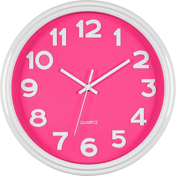 Bernhard Products Pink Wall Clock 12.5 Inch Silent Non-Ticking Modern Stylish Quartz Clocks for Home Kitchen Office Bedroom Girl's Room Nursery Kids School Classroom Battery Operated, Easy to Read by BernhardProducts