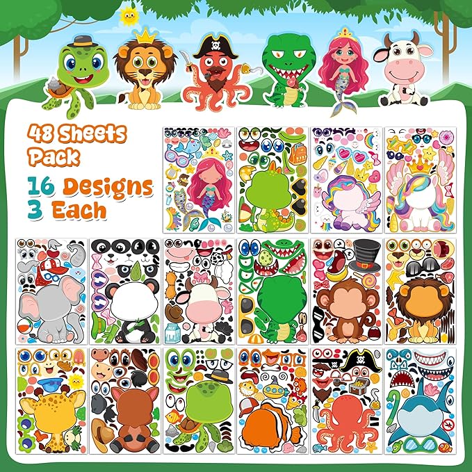 Stickers for Kids - 48 Sheets Make a Animal Face Stickers - Crafts Goodie Bags Stuffers Party Favors Activities Gifts for Kids Toddler Christmas Birthday School Classroom Supplies Age 4-8