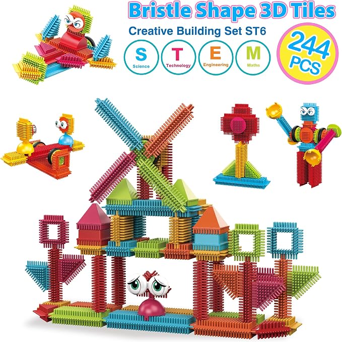Contixo 244 pcs Bristle Shape 3D STEM Building Toys, Construction Learning Stacking Educational Block, Creativity Beyond Imagination, Inspirational, Safe & Durable, Recreational Toy for Kids Ages 3-8 - Image 7