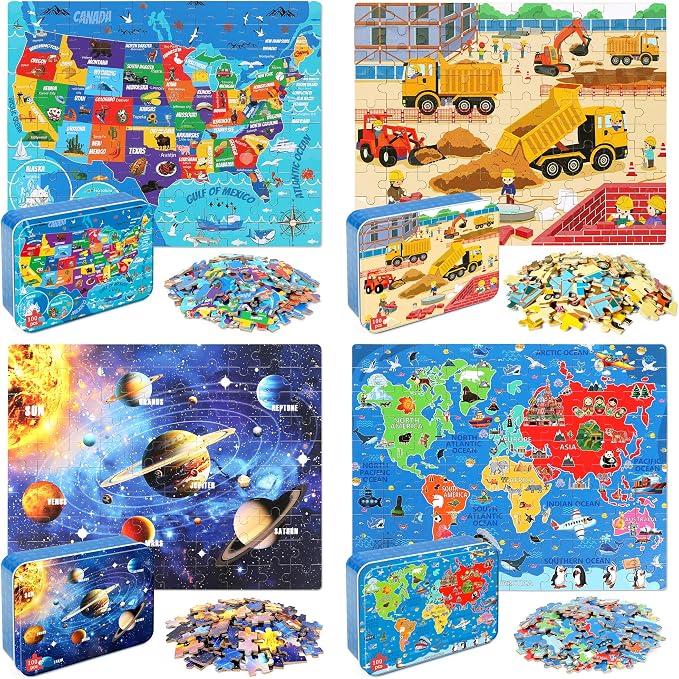 LELEMON 100 Pieces Puzzles for Kids Ages 4-8, 4 Set Kids Puzzle Ages 6-8,United States World Solar System Construction Site Children Learning Educational Puzzless Toys for Boys and Girls by LELEMON