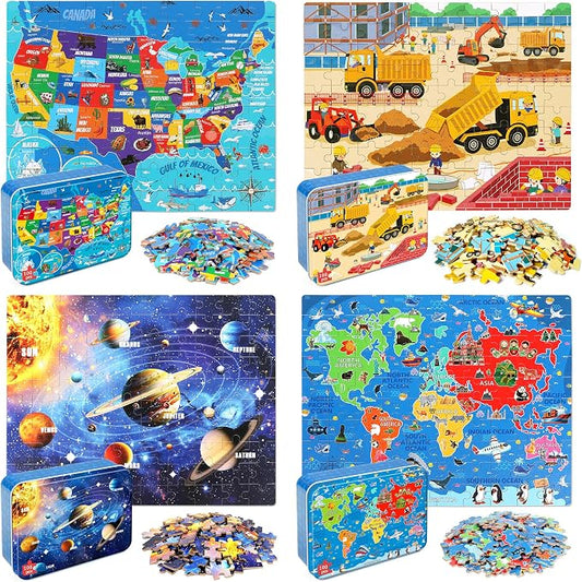 LELEMON 100 Pieces Puzzles for Kids Ages 4-8, 4 Set Kids Puzzle Ages 6-8,United States World Solar System Construction Site Children Learning Educational Puzzless Toys for Boys and Girls by LELEMON