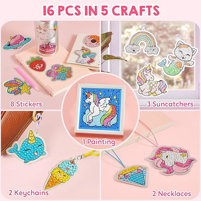 Klever Kits 16 Projects Gem Painting, Kids Diamond Gem Painting Kit with 5D Gem, Arts and Crafts for Girls Ages 6-12, Gem Craft Activities Kits (Fantasy)