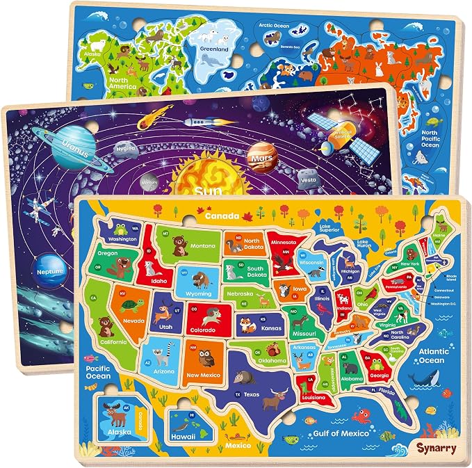 SYNARRY Large USA World Solar System Wooden Puzzles for Kids Ages 4-6, Wood Jigsaw Puzzles Educational Games Toys Gifts for Toddlers, Learning United States World Space Maps for Boys Girls Ages 3-8 by SYNARRY
