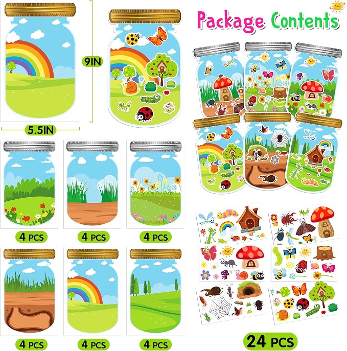 LINAYE 24 Sheets Insect Stickers with Jar Scenes, Make Your Own Bug Jar Stickers, Spring Crafts Activities for Kids Spring Party Decorations Supplies for Kids - Image 2