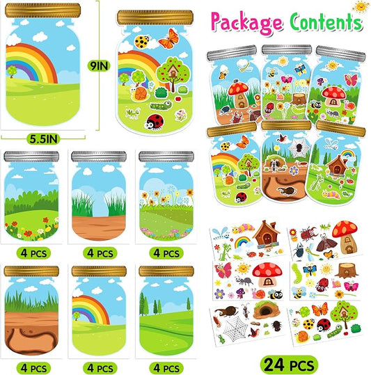 LINAYE 24 Sheets Insect Stickers with Jar Scenes, Make Your Own Bug Jar Stickers, Spring Crafts Activities for Kids Spring Party Decorations Supplies for Kids - Image 2