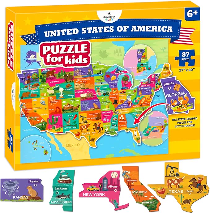United States Puzzle for Kids with US Map, 50 States & Capitals of the USA by CleverFoxPlay