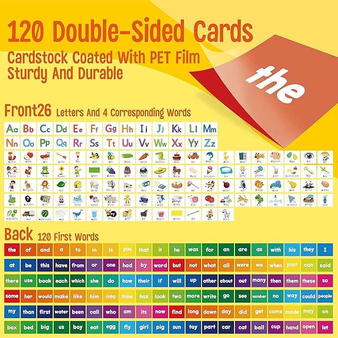 Desktop Pocket Chart, 120 Dry-Erase Double Sided Cards Includes 26 Letters with Images and 120 First Words, Self-Standing Tabletop Pocket Chart for Kids Teacher Classroom Home Use (13 X 12inch) - Image 3