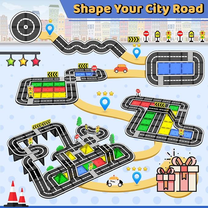 Magnetic Tiles - Road Set, Magnetic Building Blocks, Preschool Montessori Toys Gift for 3+ Year Old Boys and Girls, Sensory Christmas Toys for Kids Aged 3-5 and 4-8, Ideas for Kid with Autism - Image 7