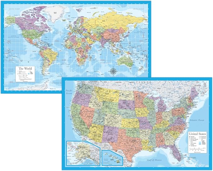 2 Pack - Laminated World Map & US Map Poster Set - Wall Chart Map of the World & United States - Made in the USA [Light Blue] by Palace+Learning