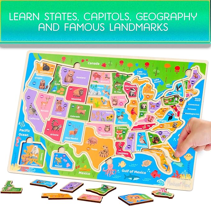 Montessori Mama USA Map Wooden Puzzle, Puzzles for Kids Ages 4-6 Educational Toys for 4 Year Old Kids Puzzles Ages 5-8 Landmarks, Animals, Capitols and States - Image 2