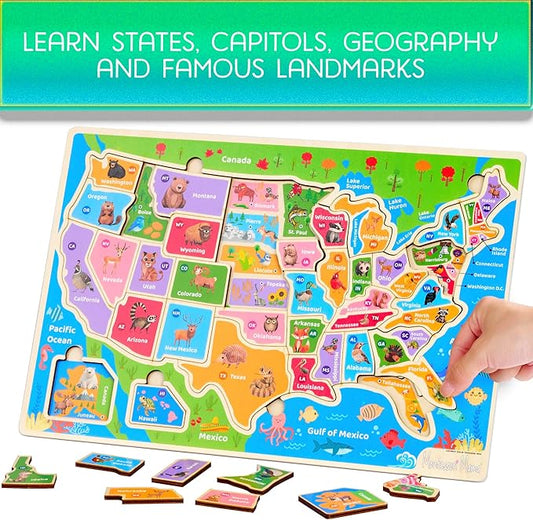 Montessori Mama USA Map Wooden Puzzle, Puzzles for Kids Ages 4-6 Educational Toys for 4 Year Old Kids Puzzles Ages 5-8 Landmarks, Animals, Capitols and States - Image 2