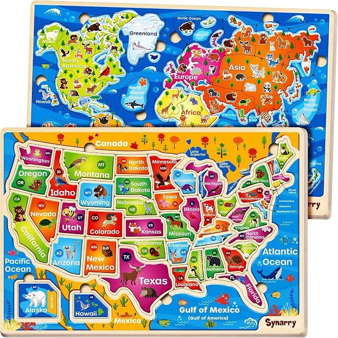 SYNARRY Large USA World Wooden Puzzles for Kids Ages 4-6, Learning United States World Maps Puzles for Kids Ages 6-8, Wood Jigsaw Puzzles Educational Games Toys Gifts for Boys Girls Ages 3-8 by SYNARRY