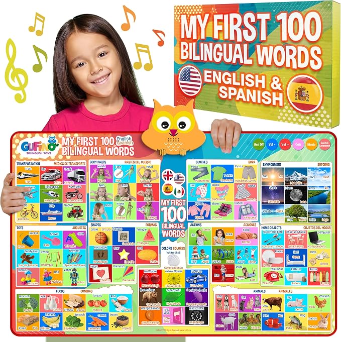 First 100 Words Bilingual Electronic Alphabet Poster – Interactive Learning Chart for Kids | 100 First Words in English & Spanish | Educational Talking Wall Poster by GUFINO