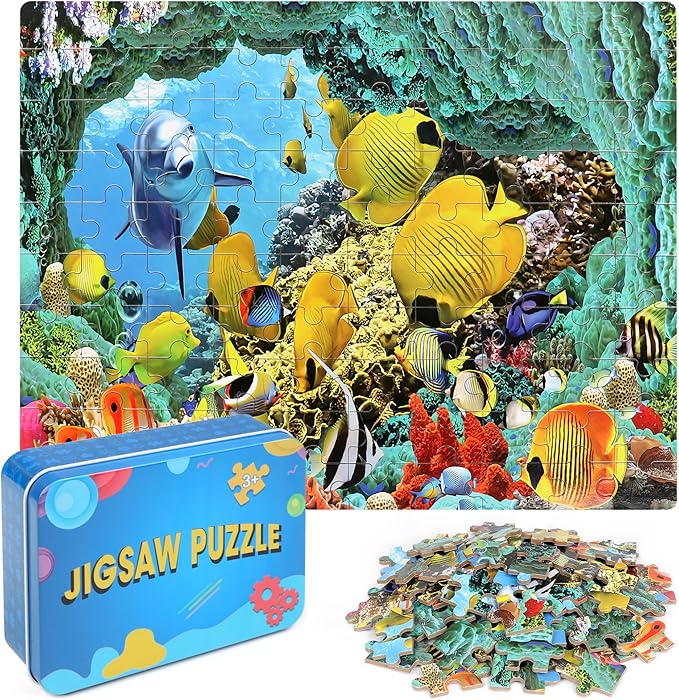 LELEMON 100 Pieces Underwater World Jigsaw Puzzles for Kids Ages 4-8 Year Old Dolphins Fishes Jigsaw Puzzle for Children Boys Girls Learning Ocean Educational Puzzles Toys by LELEMON