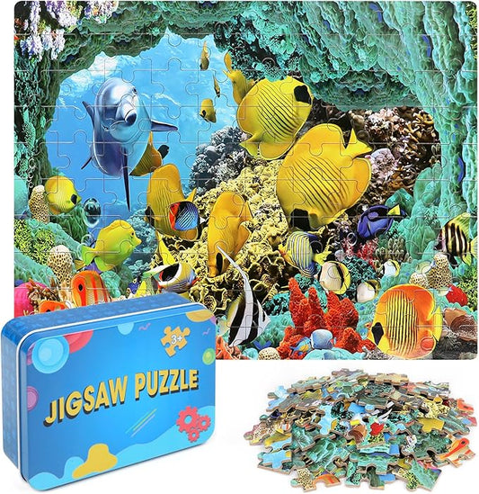 LELEMON 100 Pieces Underwater World Jigsaw Puzzles for Kids Ages 4-8 Year Old Dolphins Fishes Jigsaw Puzzle for Children Boys Girls Learning Ocean Educational Puzzles Toys by LELEMON