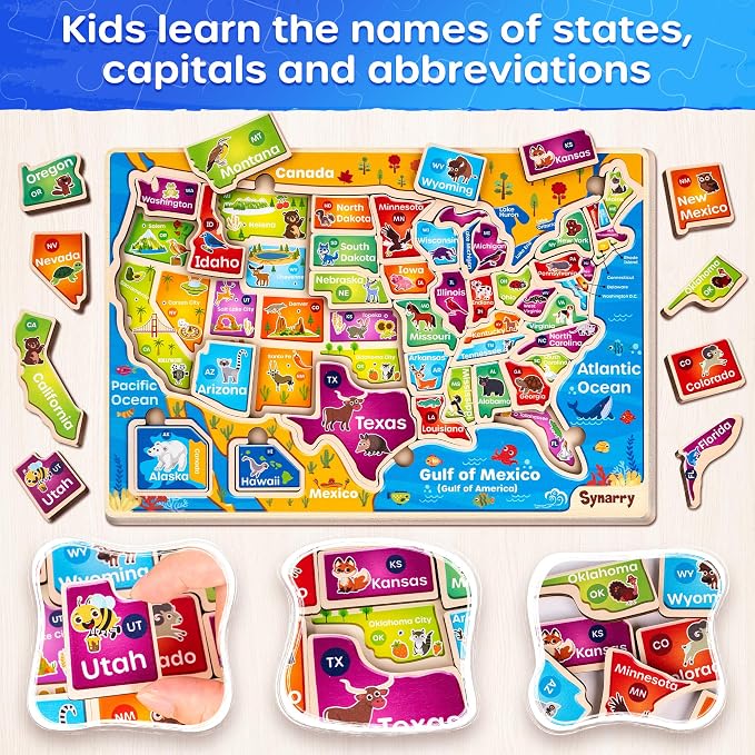 SYNARRY Large USA Wooden Puzzles for Kids Ages 3-5, Learning United States Map Puzles for Kids Ages 4-6, Wood Jigsaw Puzzles Educational Games Toys Gifts for Boys Girls Ages 3-8 - Image 2